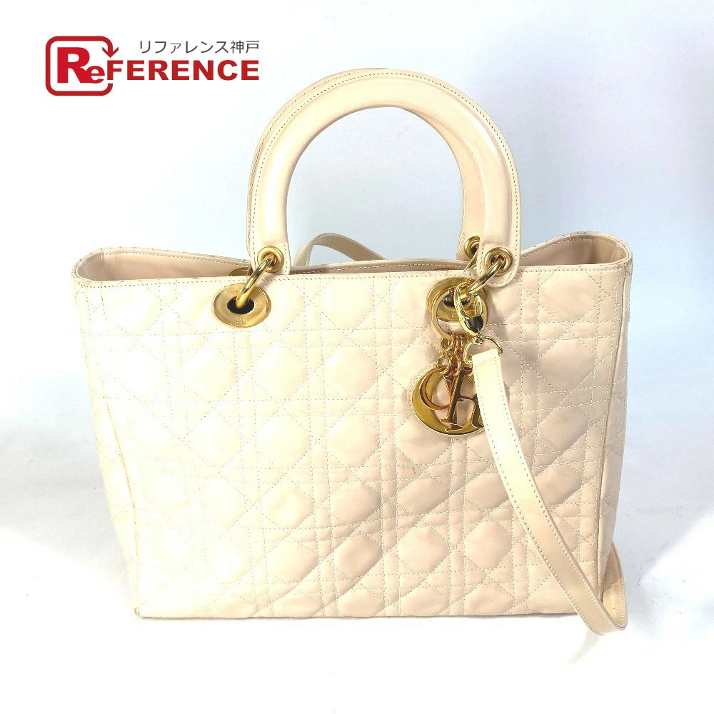 Dior Lady Cannage Shoulder Bag Handbag Patent Vernis Leather Beige